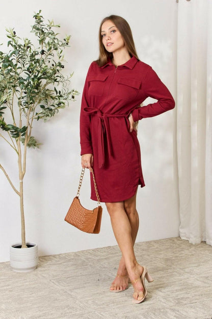 Trendy Zip-Front Shirt Dress with Long Sleeves and Tie Detail 