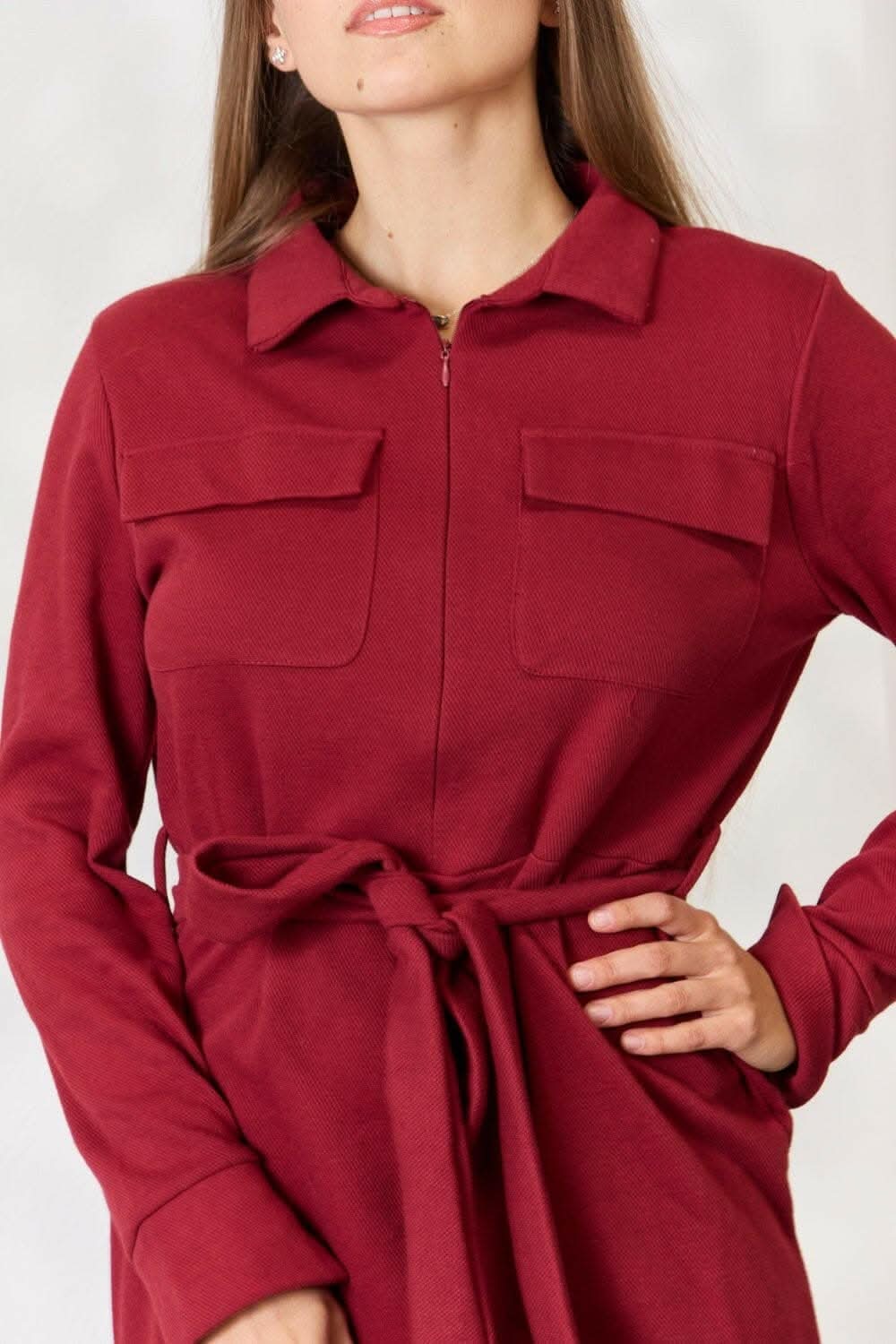 Trendy Zip-Front Shirt Dress with Long Sleeves and Tie Detail 