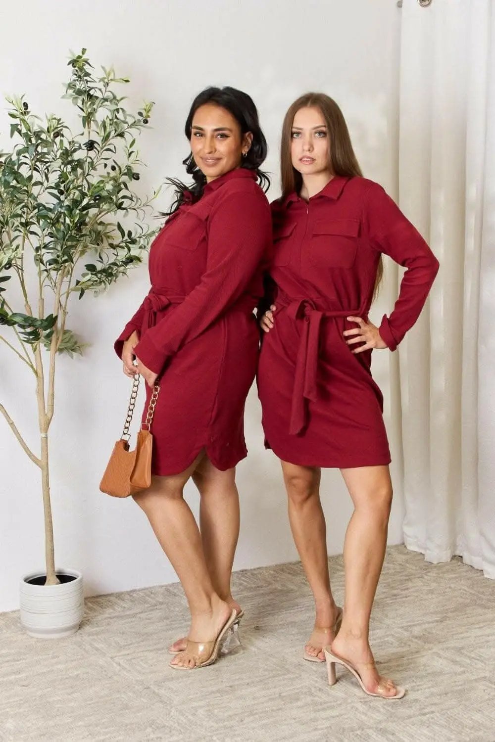 Trendy Zip-Front Shirt Dress with Long Sleeves and Tie Detail - Love Salve 