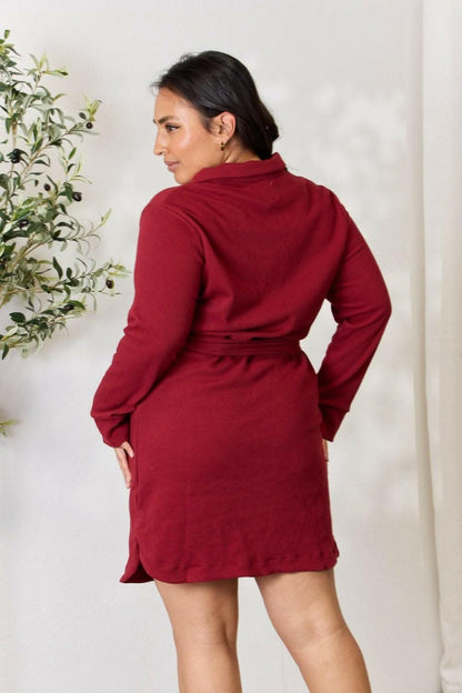 Trendy Zip-Front Shirt Dress with Long Sleeves and Tie Detail 