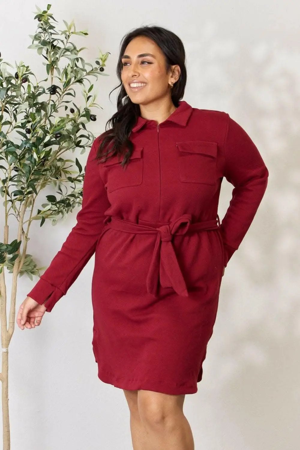 Trendy Zip-Front Shirt Dress with Long Sleeves and Tie Detail - Love Salve 