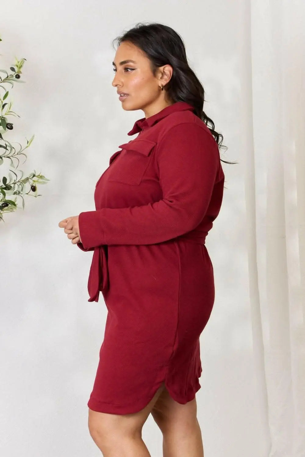 Trendy Zip-Front Shirt Dress with Long Sleeves and Tie Detail - Love Salve 