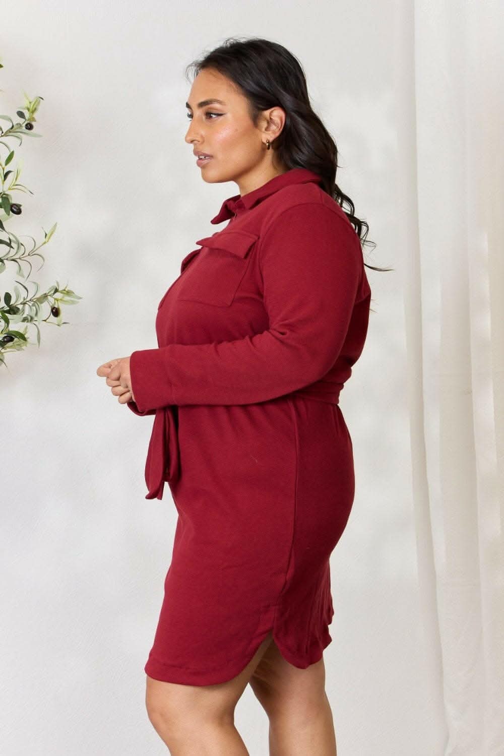 Trendy Zip-Front Shirt Dress with Long Sleeves and Tie Detail 