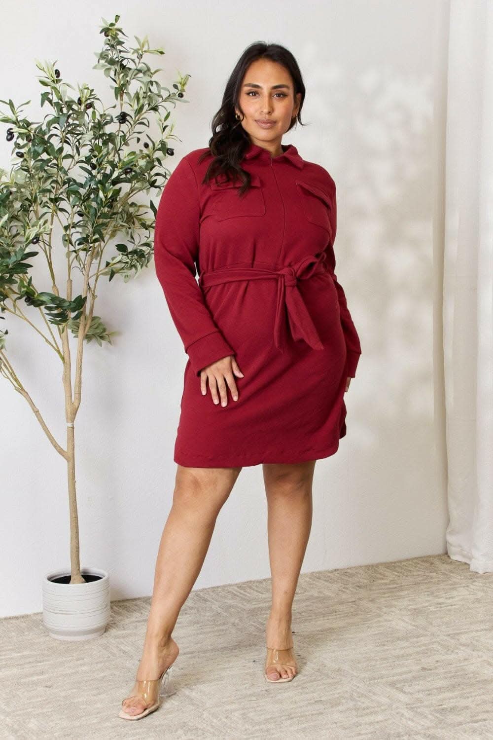 Trendy Zip-Front Shirt Dress with Long Sleeves and Tie Detail 