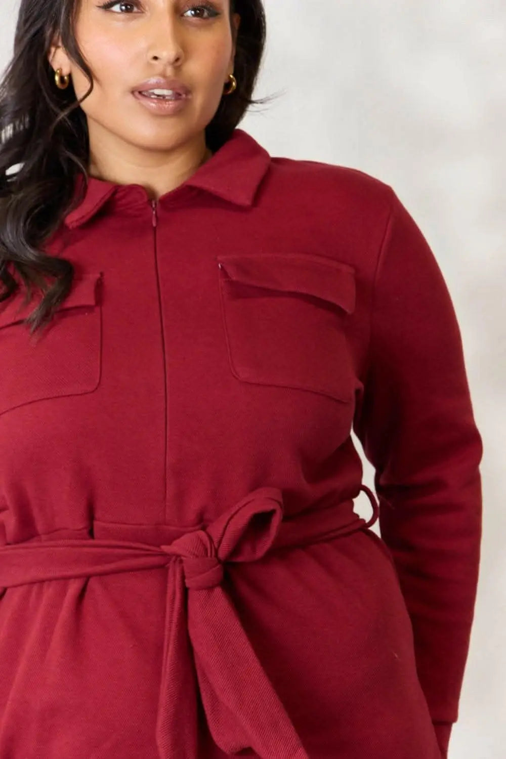 Trendy Zip-Front Shirt Dress with Long Sleeves and Tie Detail - Love Salve 