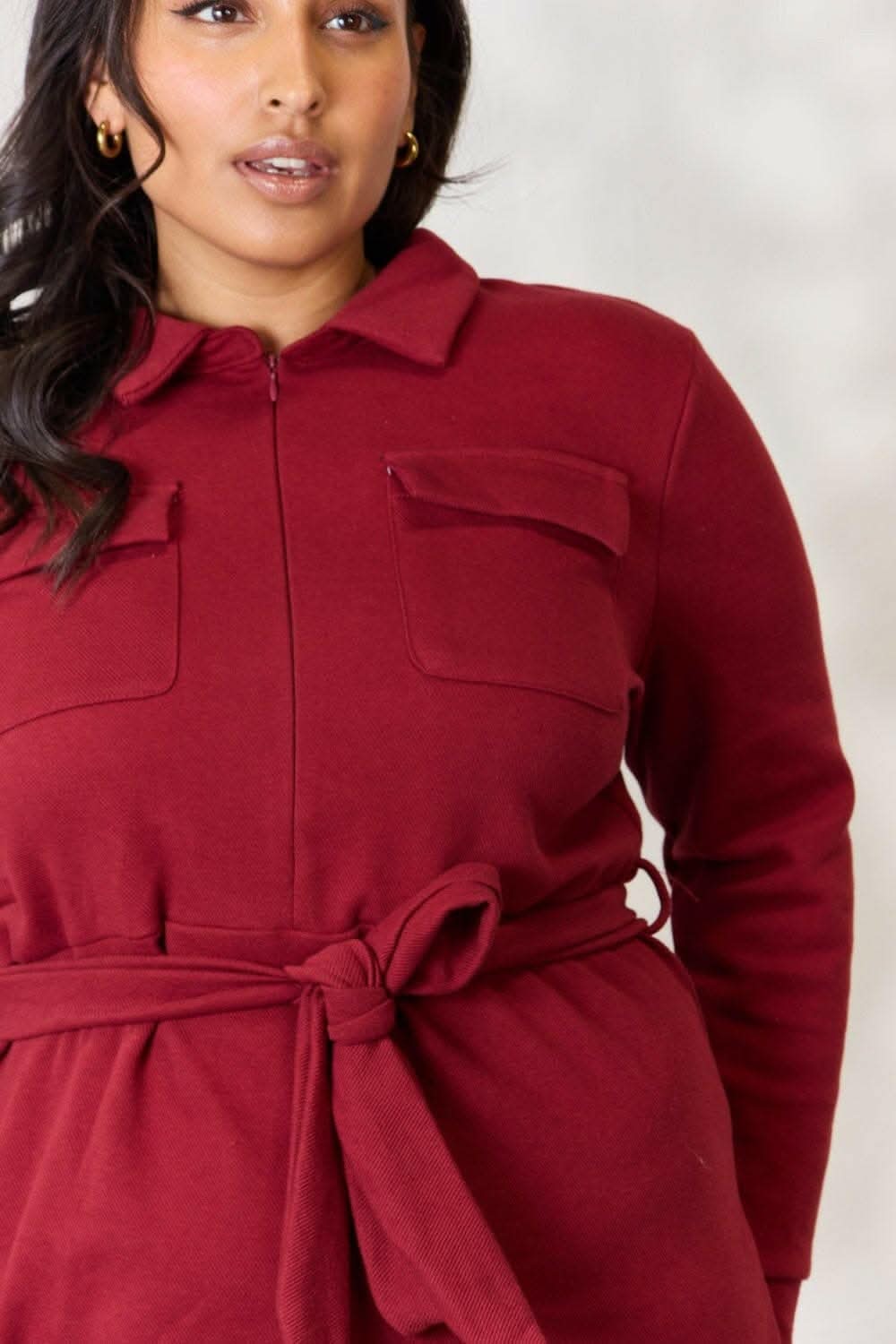 Trendy Zip-Front Shirt Dress with Long Sleeves and Tie Detail 