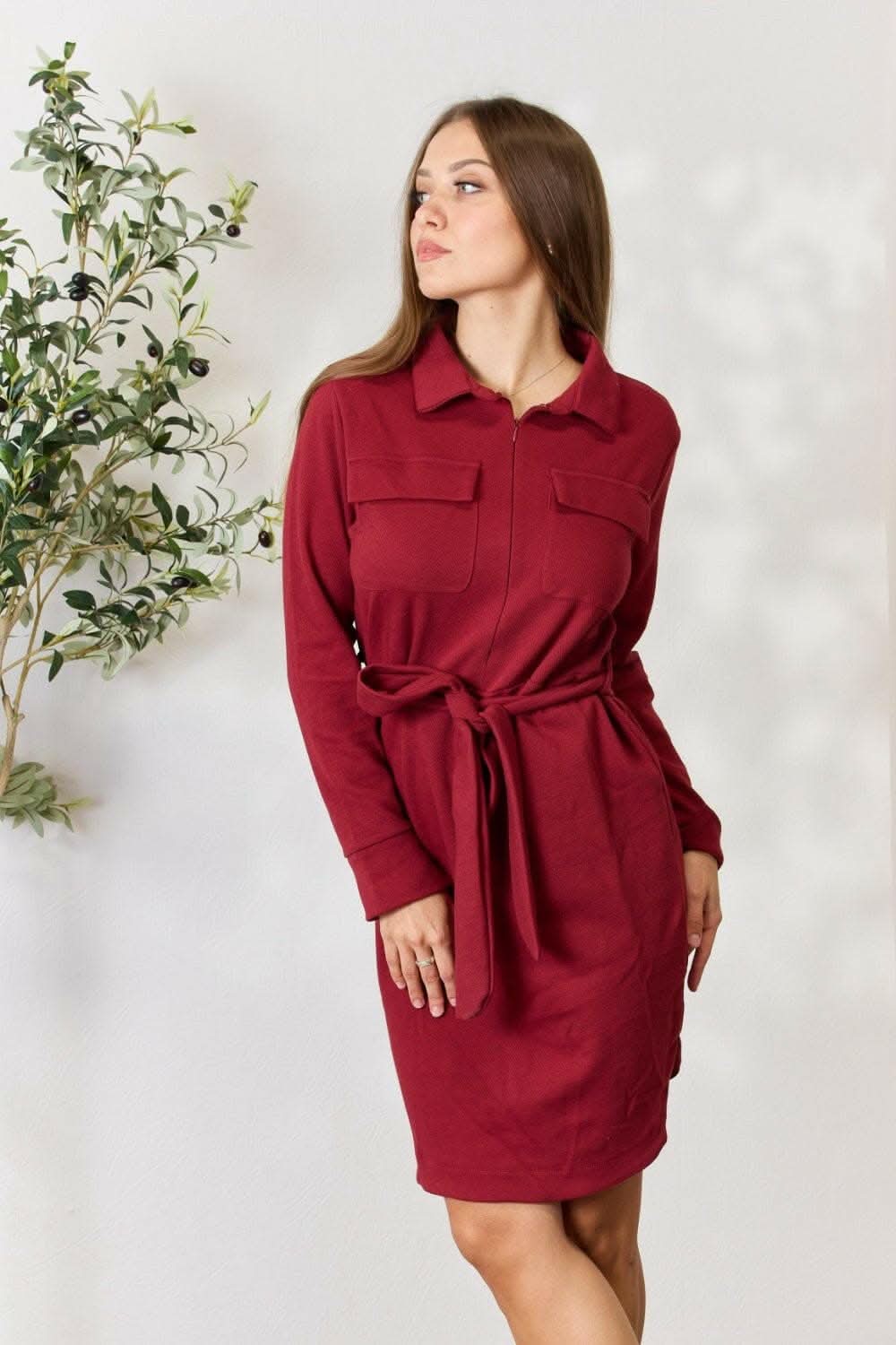 Trendy Zip-Front Shirt Dress with Long Sleeves and Tie Detail 