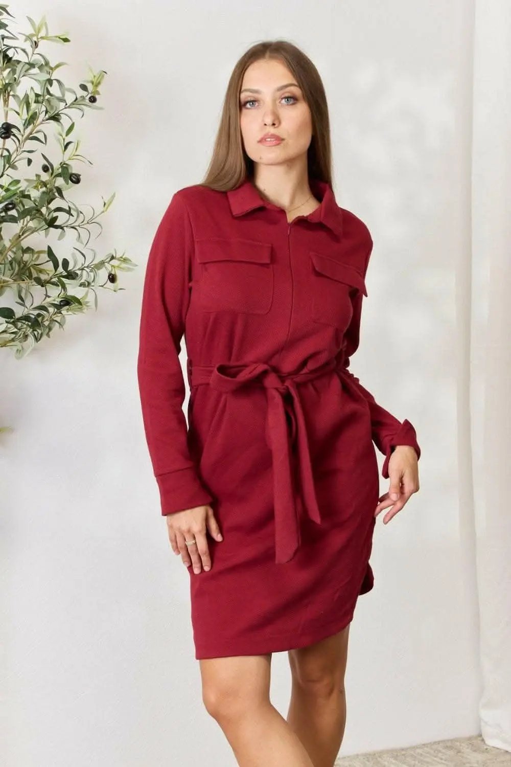 Trendy Zip-Front Shirt Dress with Long Sleeves and Tie Detail - Love Salve 