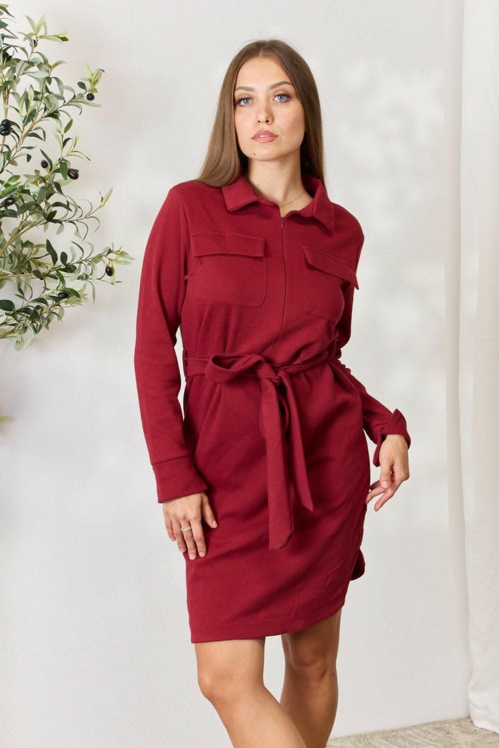 Trendy Zip-Front Shirt Dress with Long Sleeves and Tie Detail 