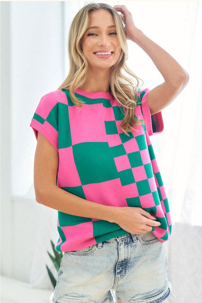 Trendy checkered knit top by First Love 
