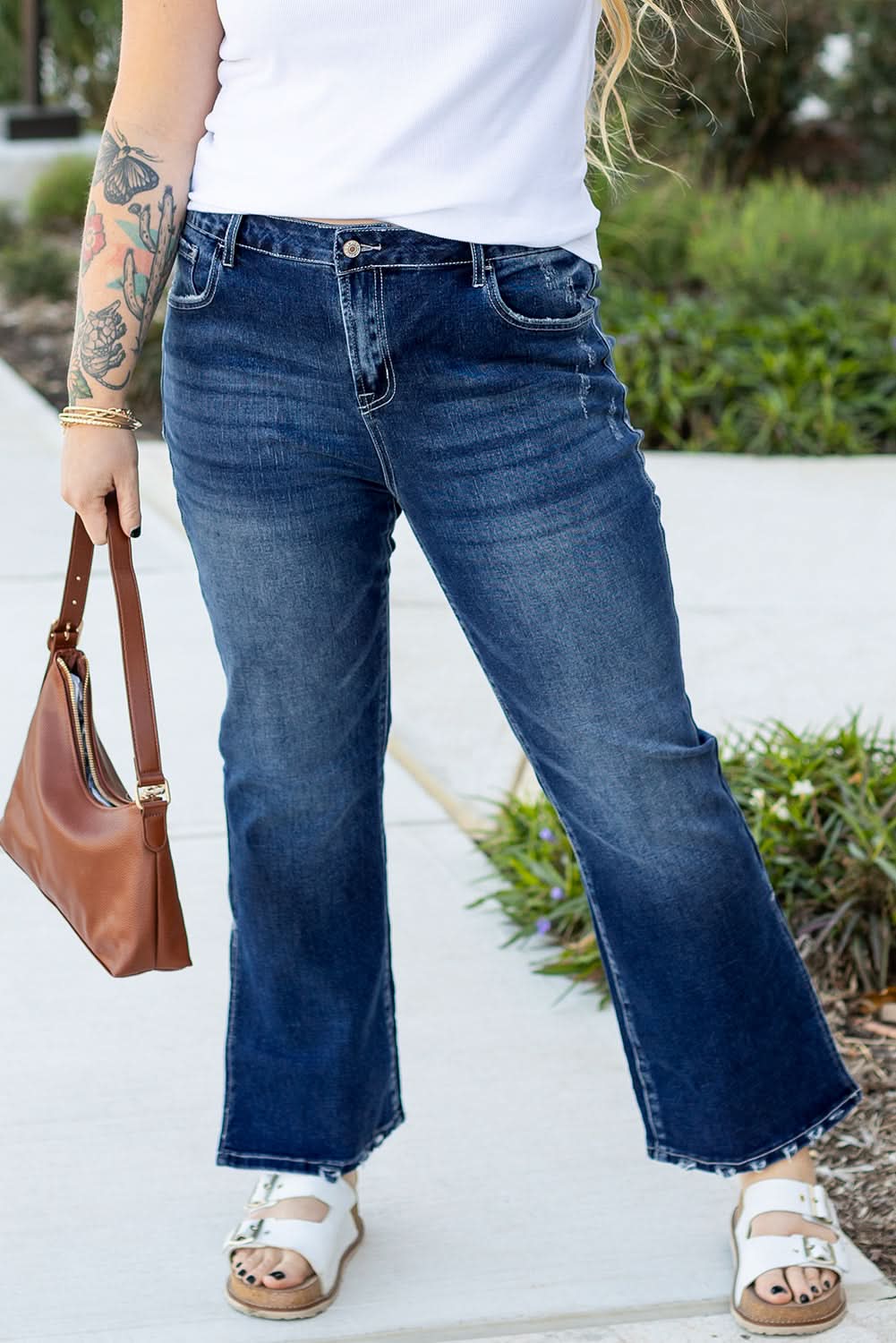 Trendy dirty blue plus size flare jeans 