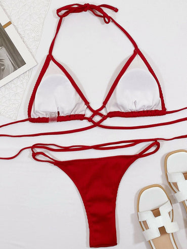 Trendy halter bikini set with high cut bottoms - Love Salve 