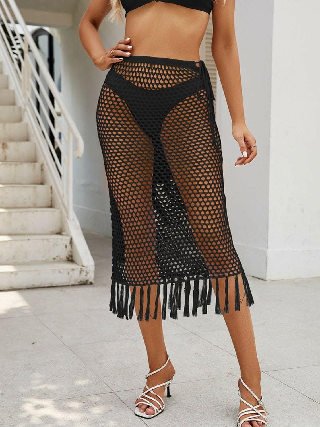 Trendy high waist fringe swim skirt 