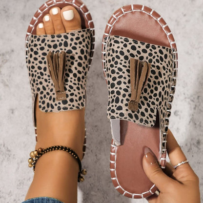 Trendy leopard print sandals with fringe - Love Salve 
