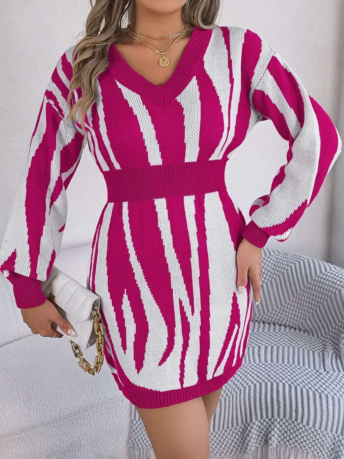 V-neck animal print sweater dress 