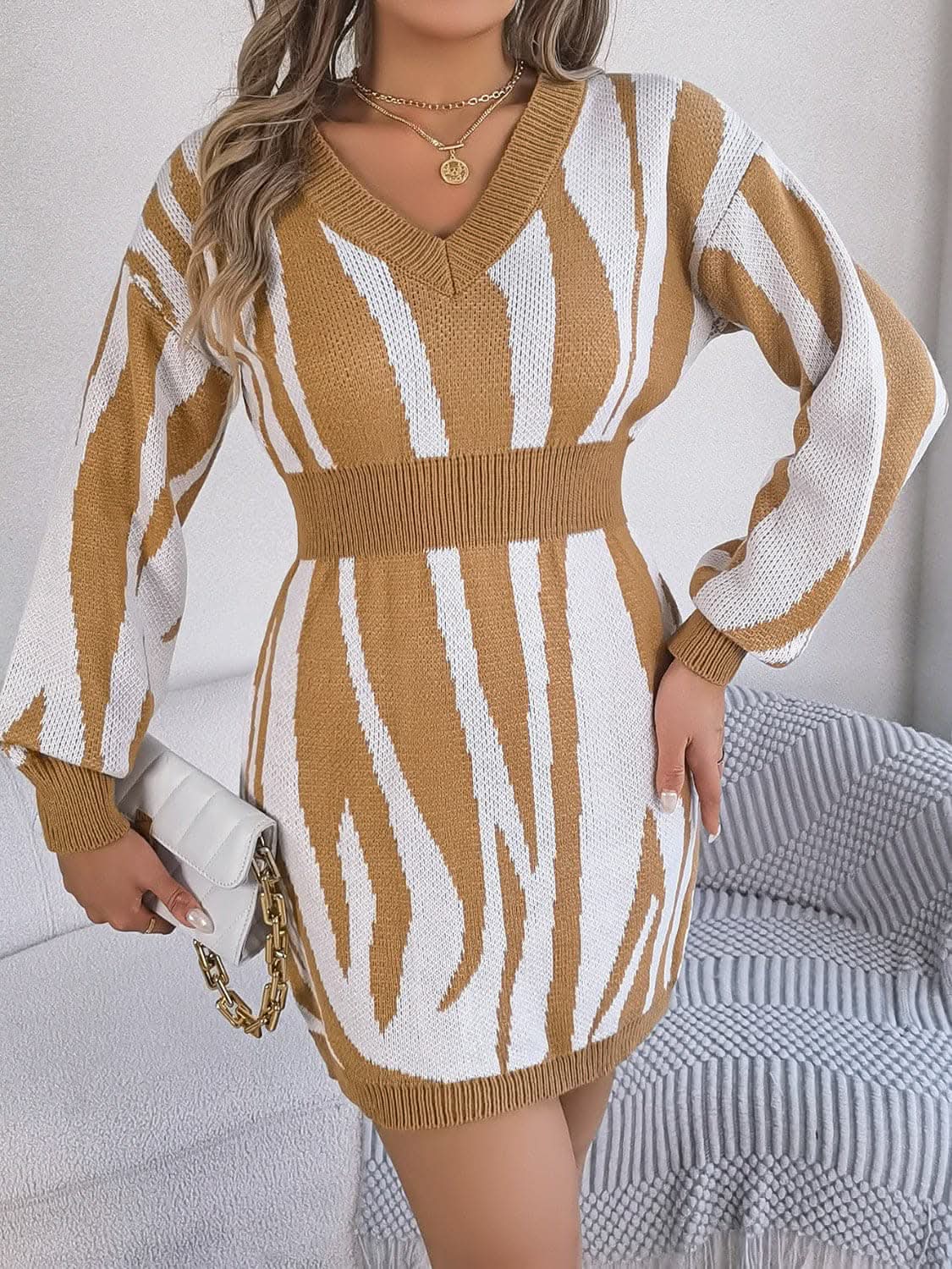 V-neck animal print sweater dress 