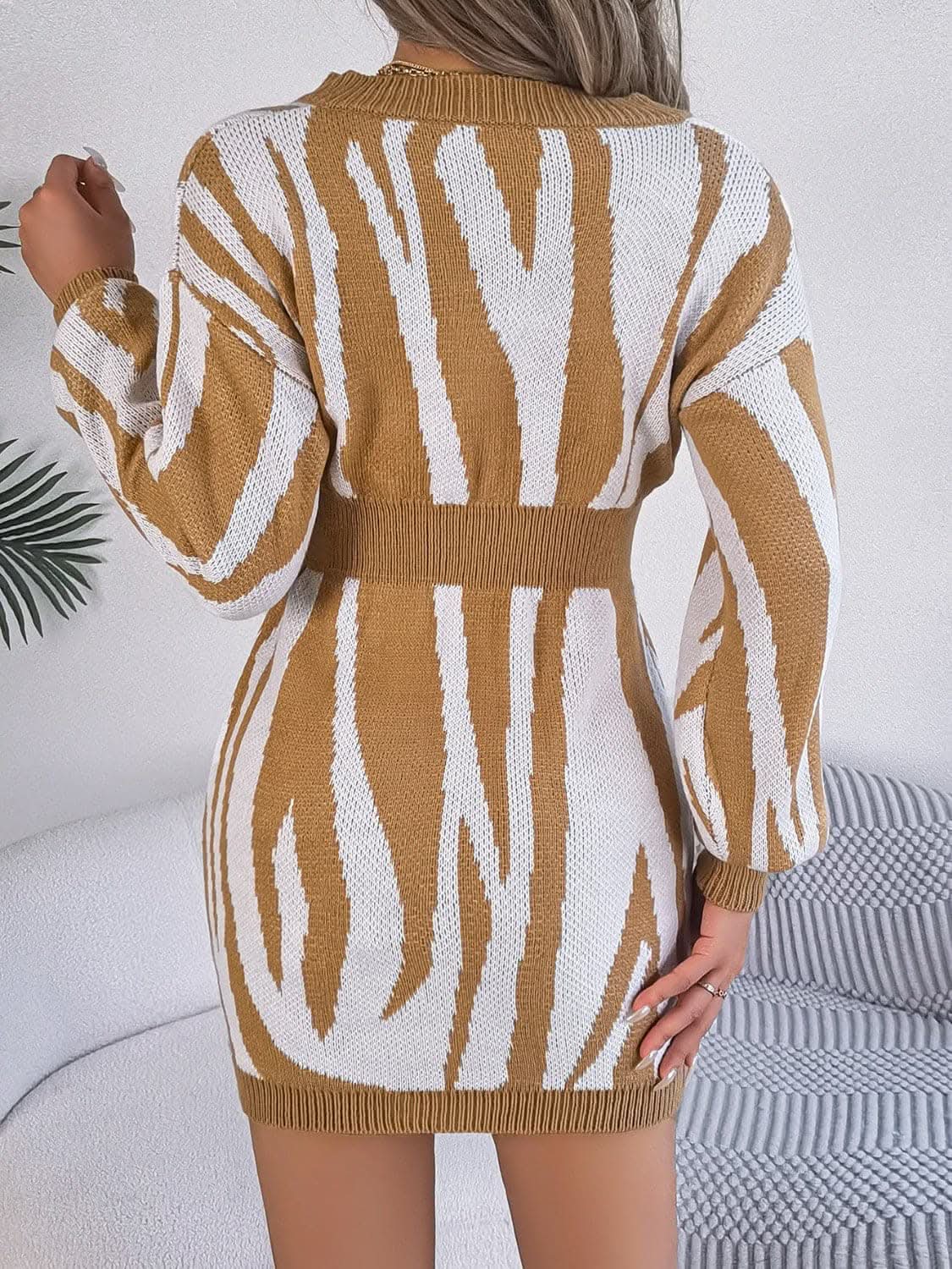 V-neck animal print sweater dress 