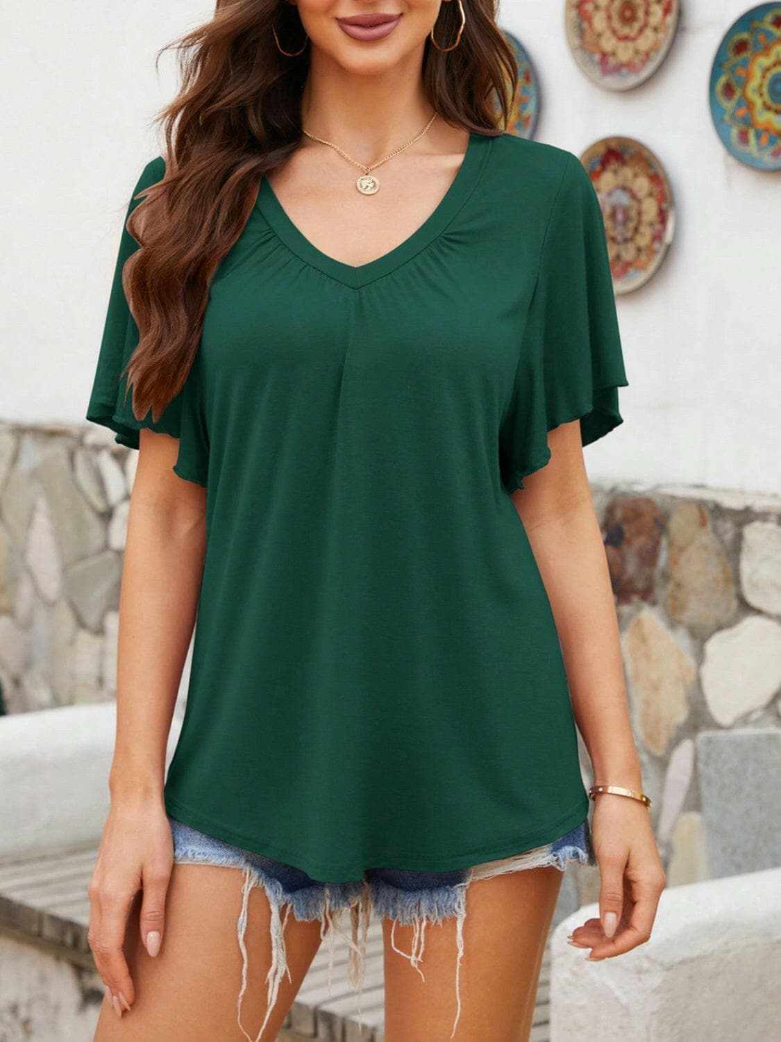 V-neck flutter sleeve t-shirt - Love Salve 