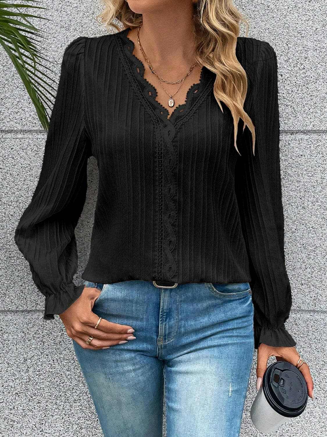 V-neck lace flutter sleeve blouse - Love Salve 