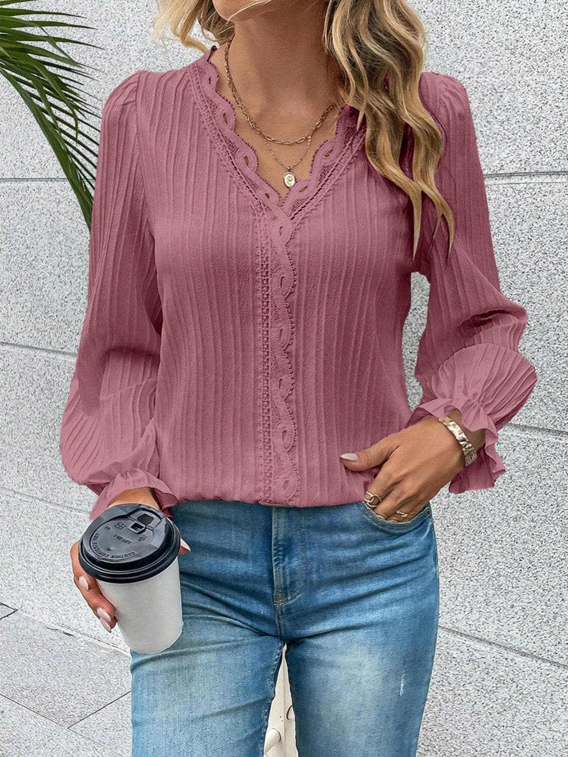 V-neck lace flutter sleeve blouse - Love Salve 