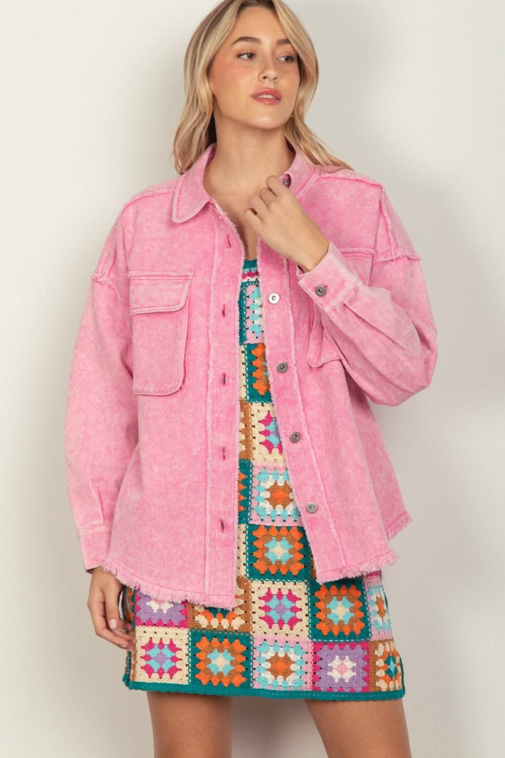 VERY J Full Size Button Up Raw Hem Long Sleeve Jacket - Love Salve 