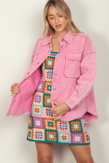 VERY J Full Size Button Up Raw Hem Long Sleeve Jacket - Love Salve 