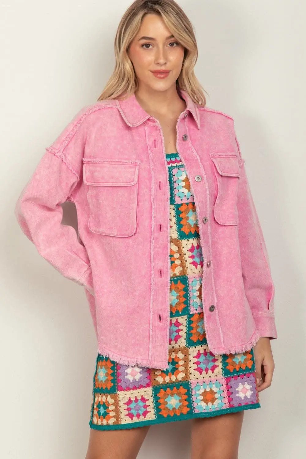 VERY J Full Size Button Up Raw Hem Long Sleeve Jacket - Love Salve 