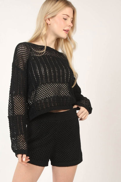 VERY J Openwork Cropped Cover Up and Shorts Set - Love Salve 