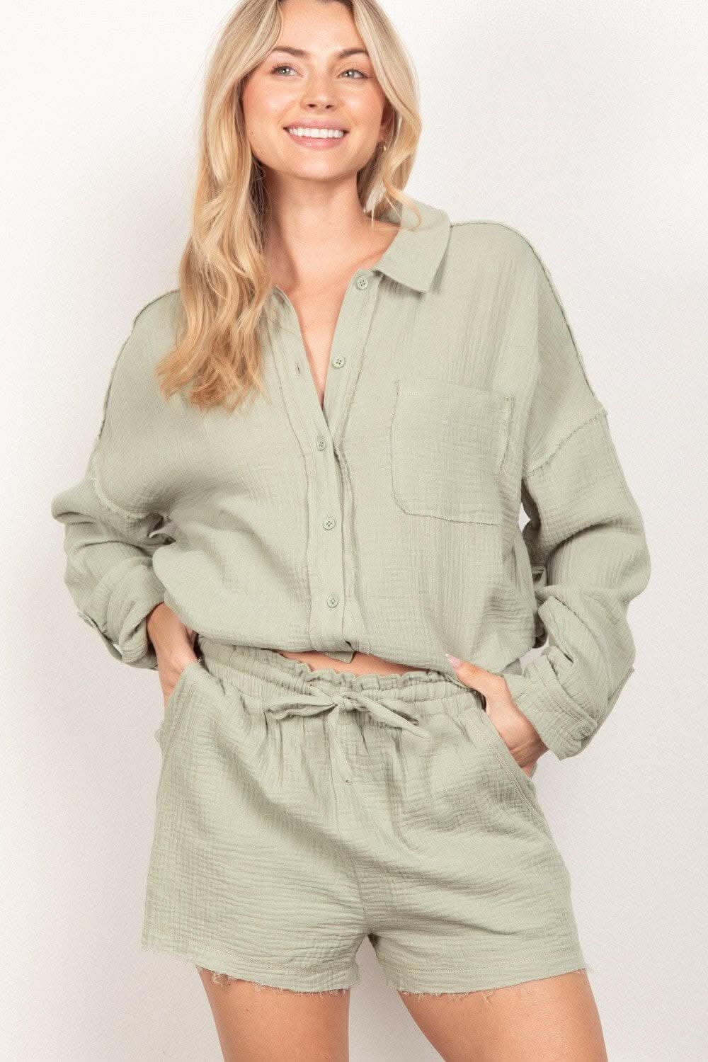 VERY J Texture Button Up Shirt and Shorts Set - Love Salve 