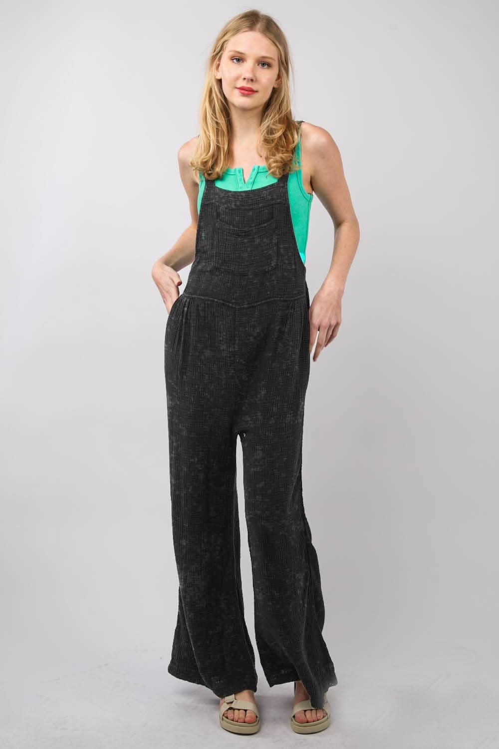 VERY J Texture Washed Wide Leg Overalls 