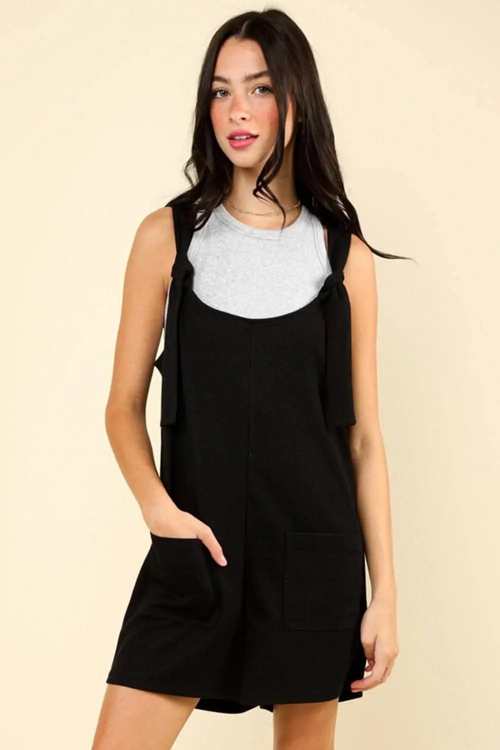VERY J Tie Shoulder Front Pocket Romper - Love Salve 