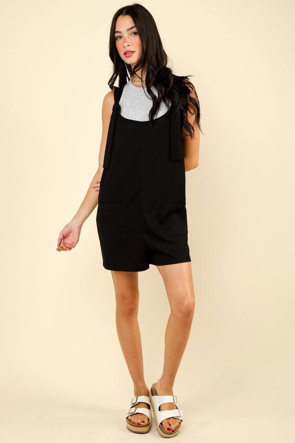 VERY J Tie Shoulder Front Pocket Romper - Love Salve 