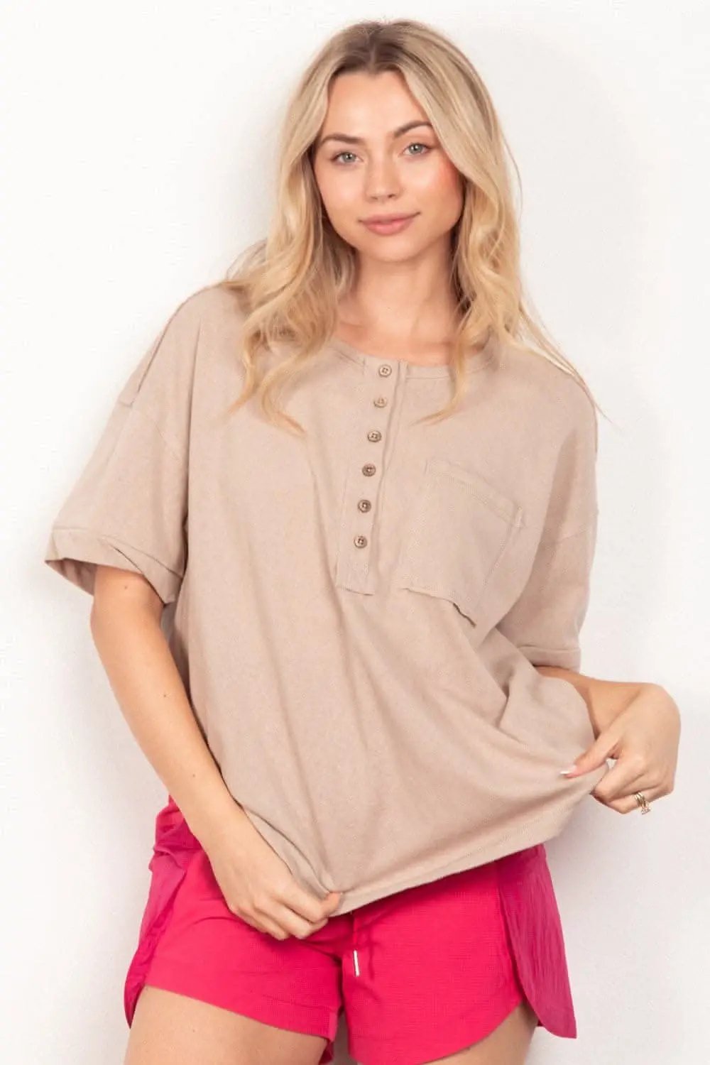 VERY J Twisted Sleeve Band Half Button Top - Love Salve 