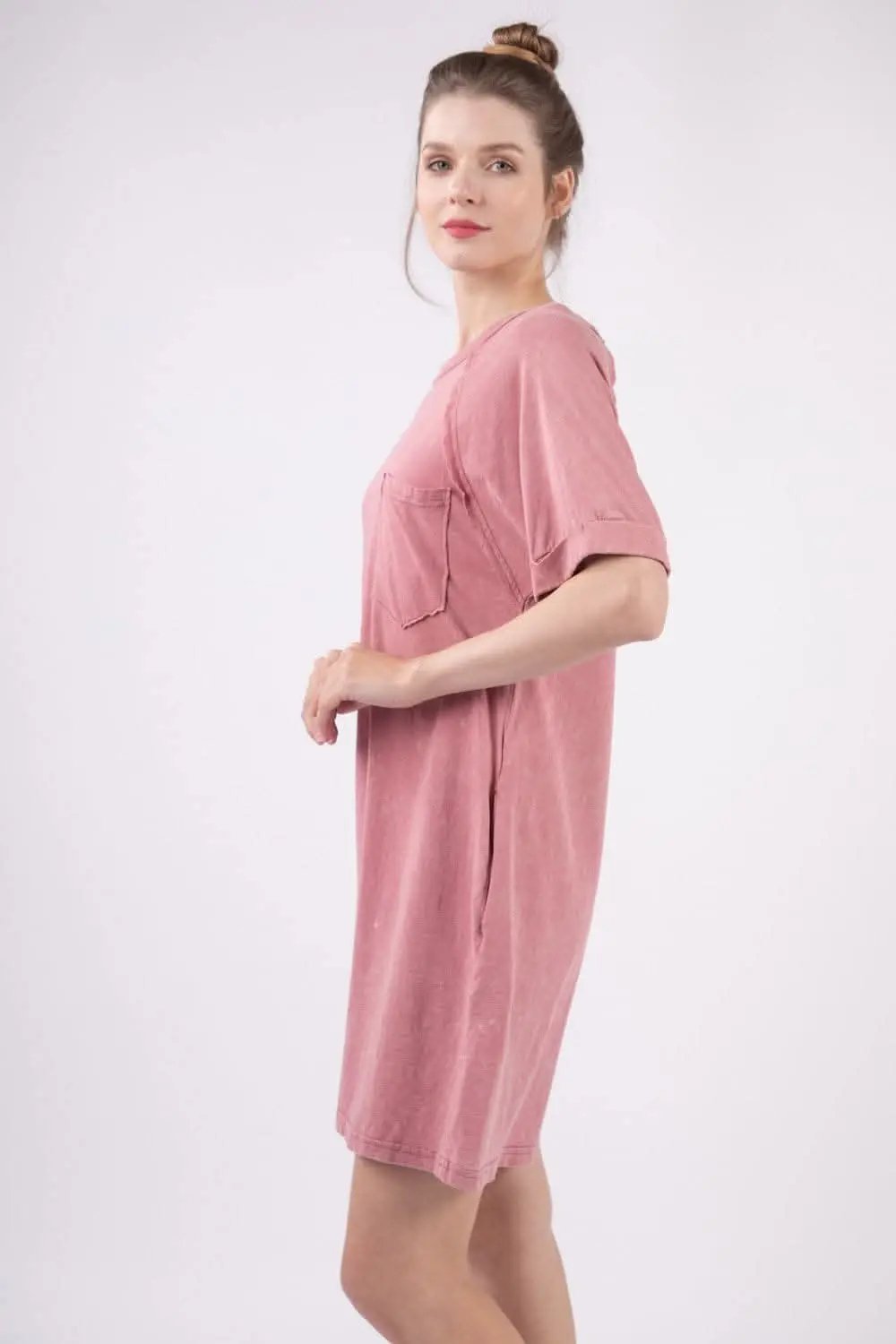 VERY J Washed Round Neck Mini Tee Dress for Effortless Style - Love Salve 