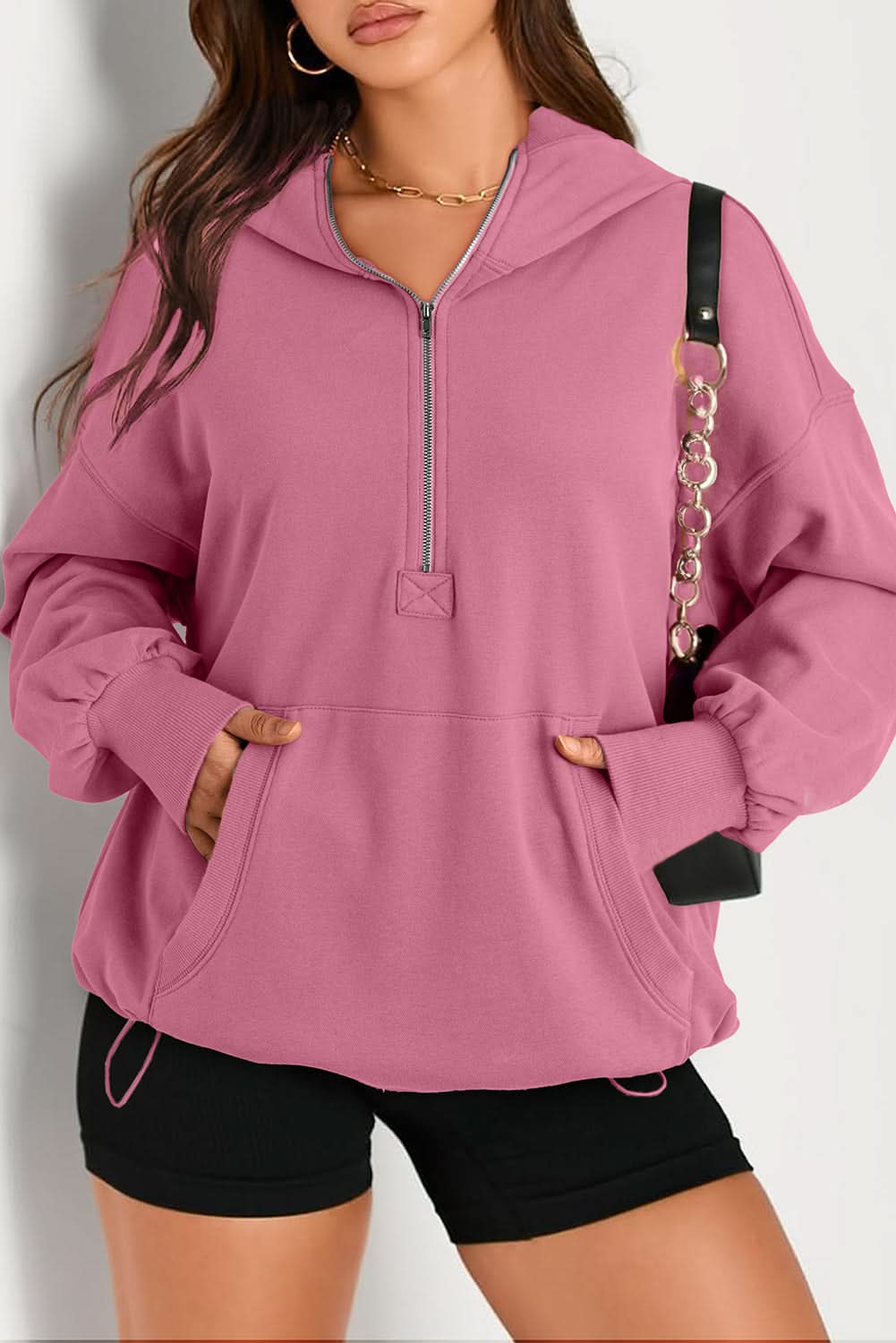 Valerian Solid Kangaroo Pocket Half Zipper Oversized Hoodie 