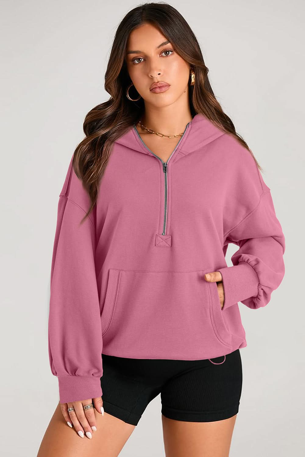 Valerian Solid Kangaroo Pocket Half Zipper Oversized Hoodie 