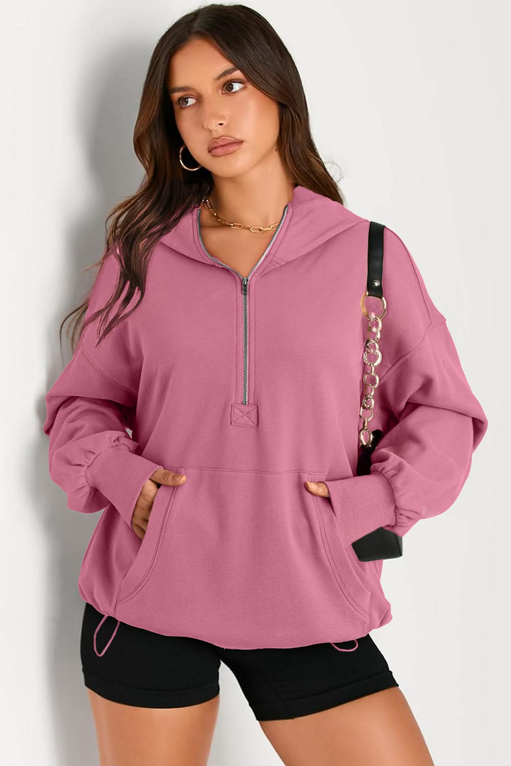 Valerian Solid Kangaroo Pocket Half Zipper Oversized Hoodie 