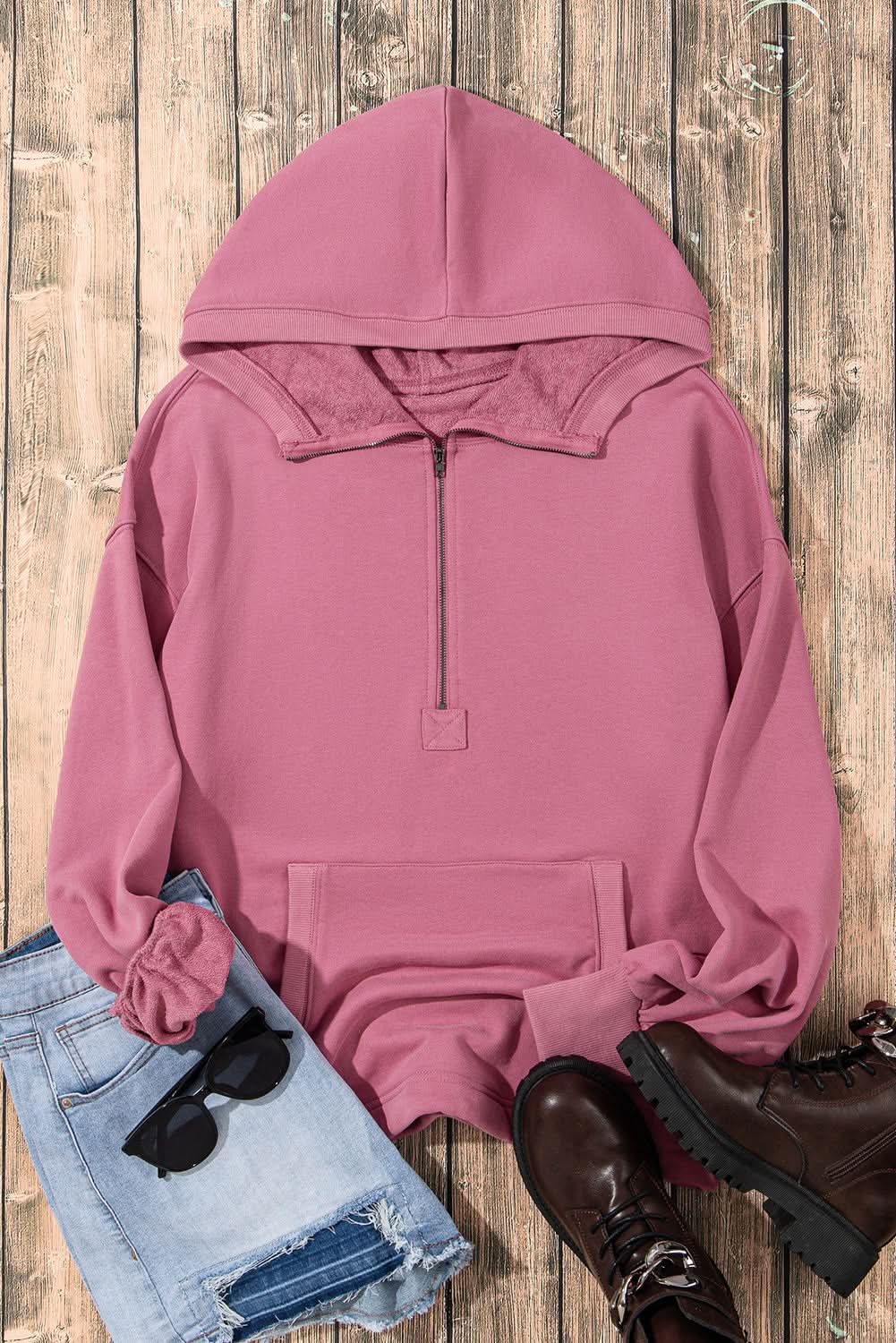 Valerian Solid Kangaroo Pocket Half Zipper Oversized Hoodie 