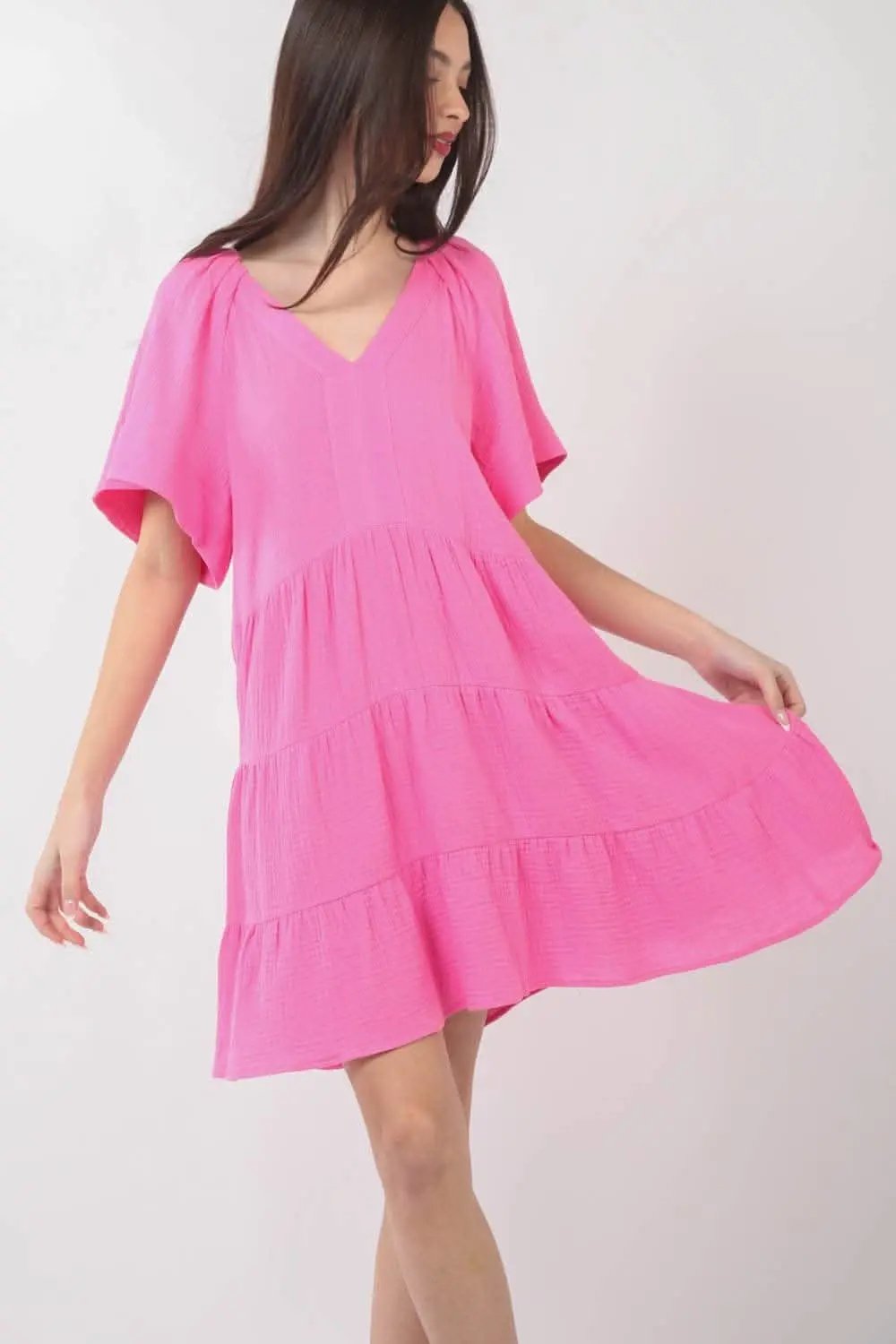 Very J Texture V-Neck Ruffled Tiered Dress for Elegance - Love Salve 