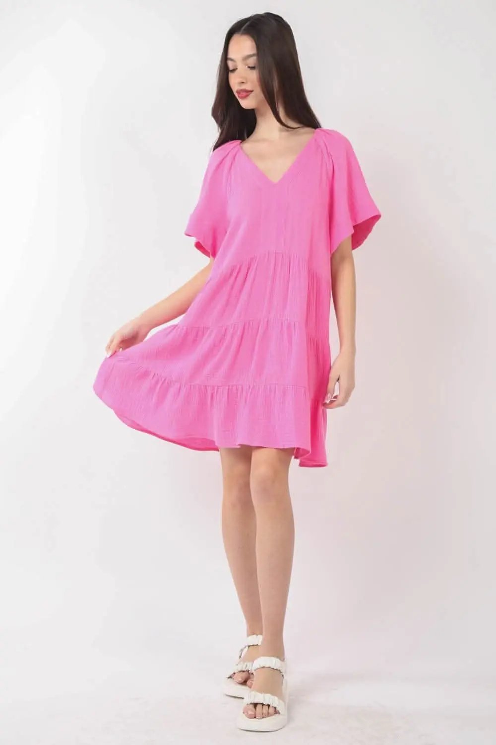 Very J Texture V-Neck Ruffled Tiered Dress for Elegance - Love Salve 