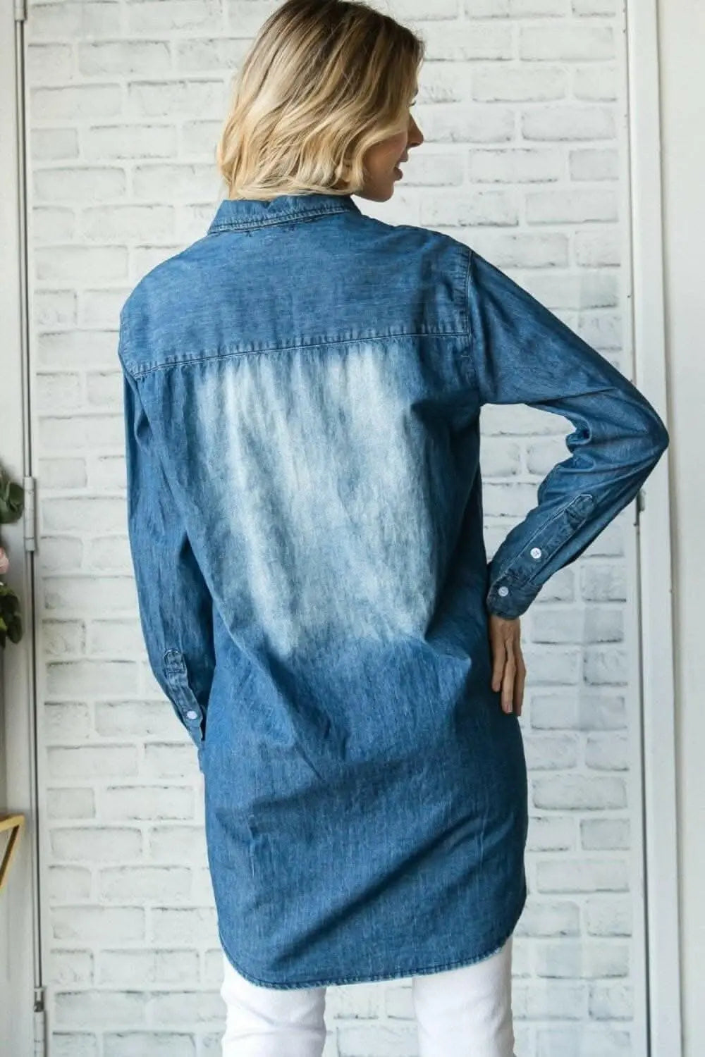 Veveret Denim Button-Up Shirt with Washed Finish - Love Salve 