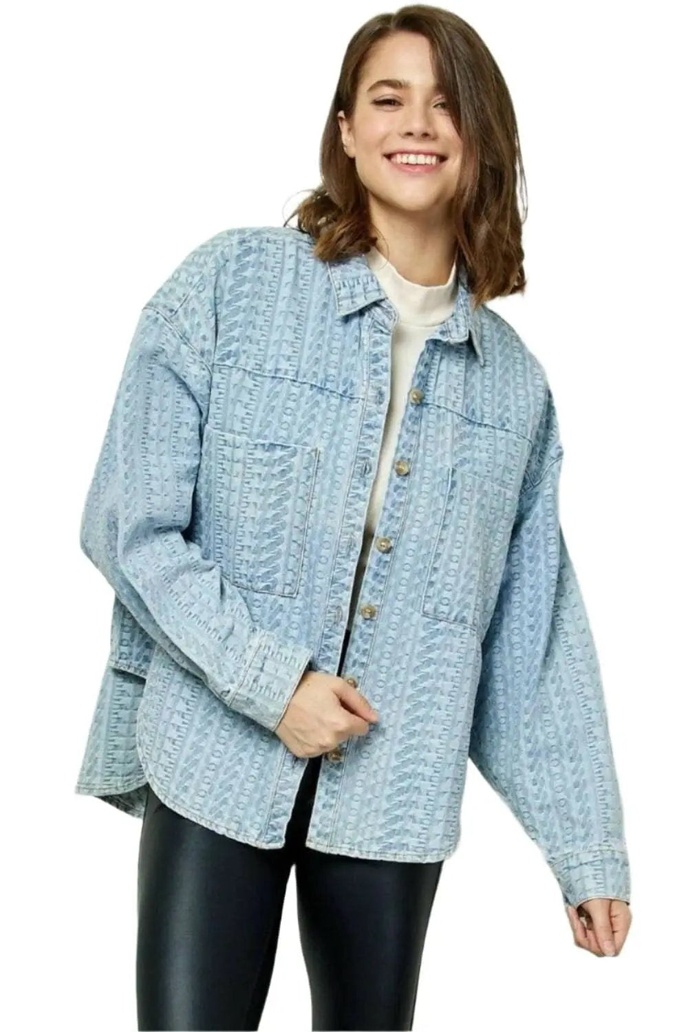 Veveret Denim Dropped Shoulder Button-Up Top with Pocket - Effortlessly Stylish Casual Chic - Love Salve 