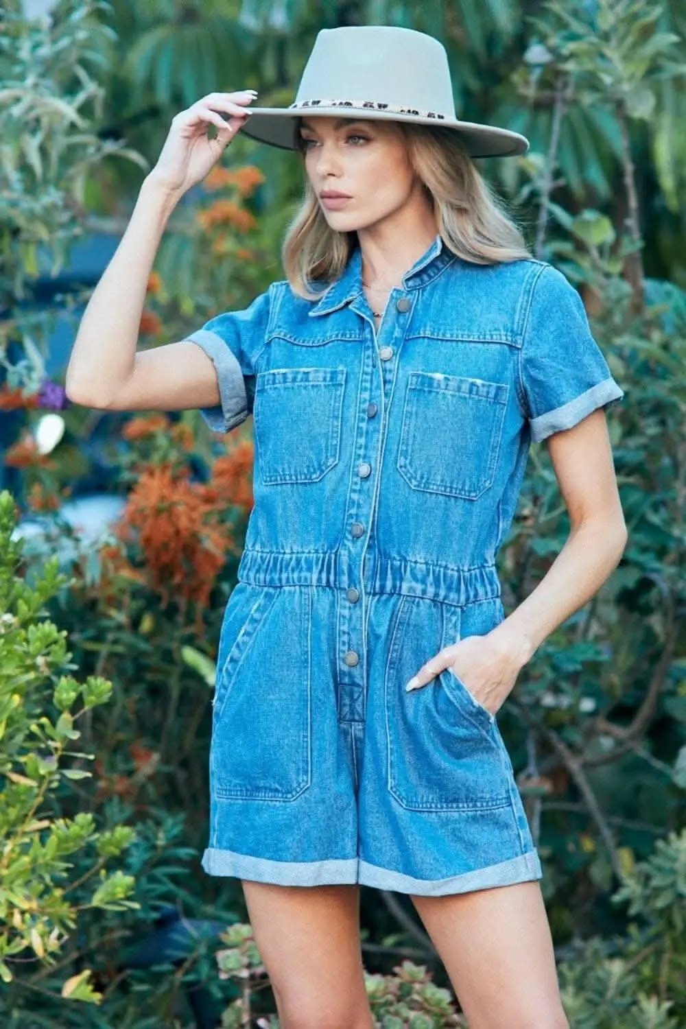 Veveret Denim Jumpsuit with Elastic Waistband - Love Salve 
