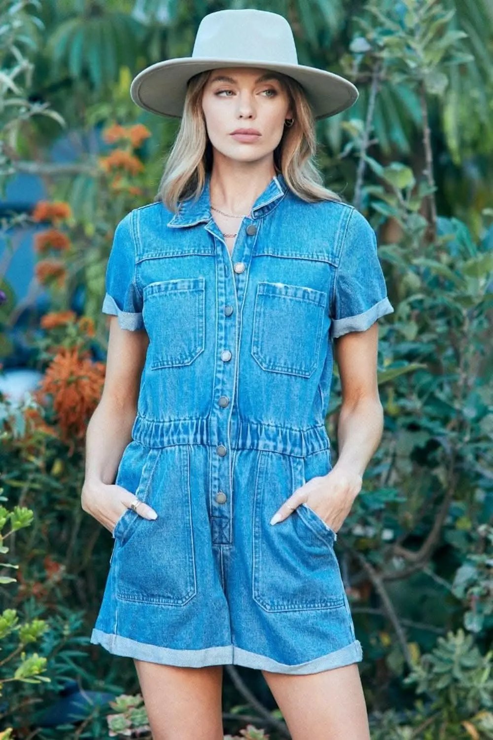 Veveret Denim Jumpsuit with Elastic Waistband - Love Salve 