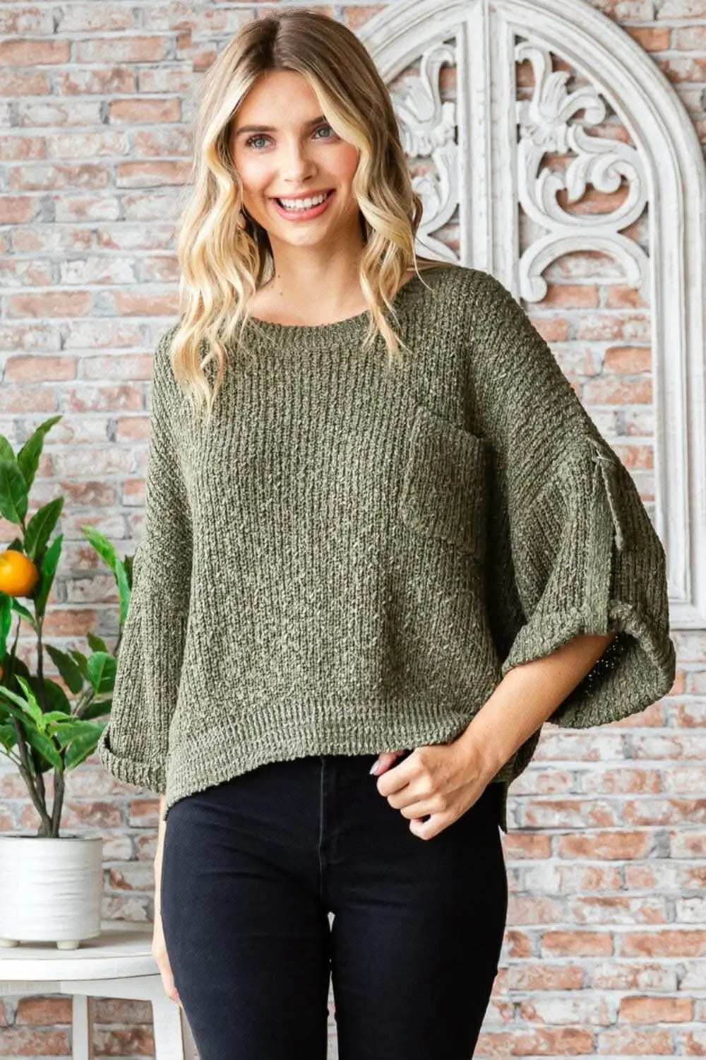 Veveret Round Neck Roll-Up Sweater - Love Salve 