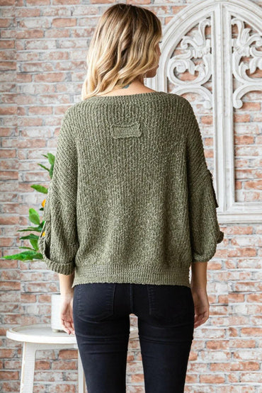 Veveret Round Neck Roll-Up Sweater - Love Salve 