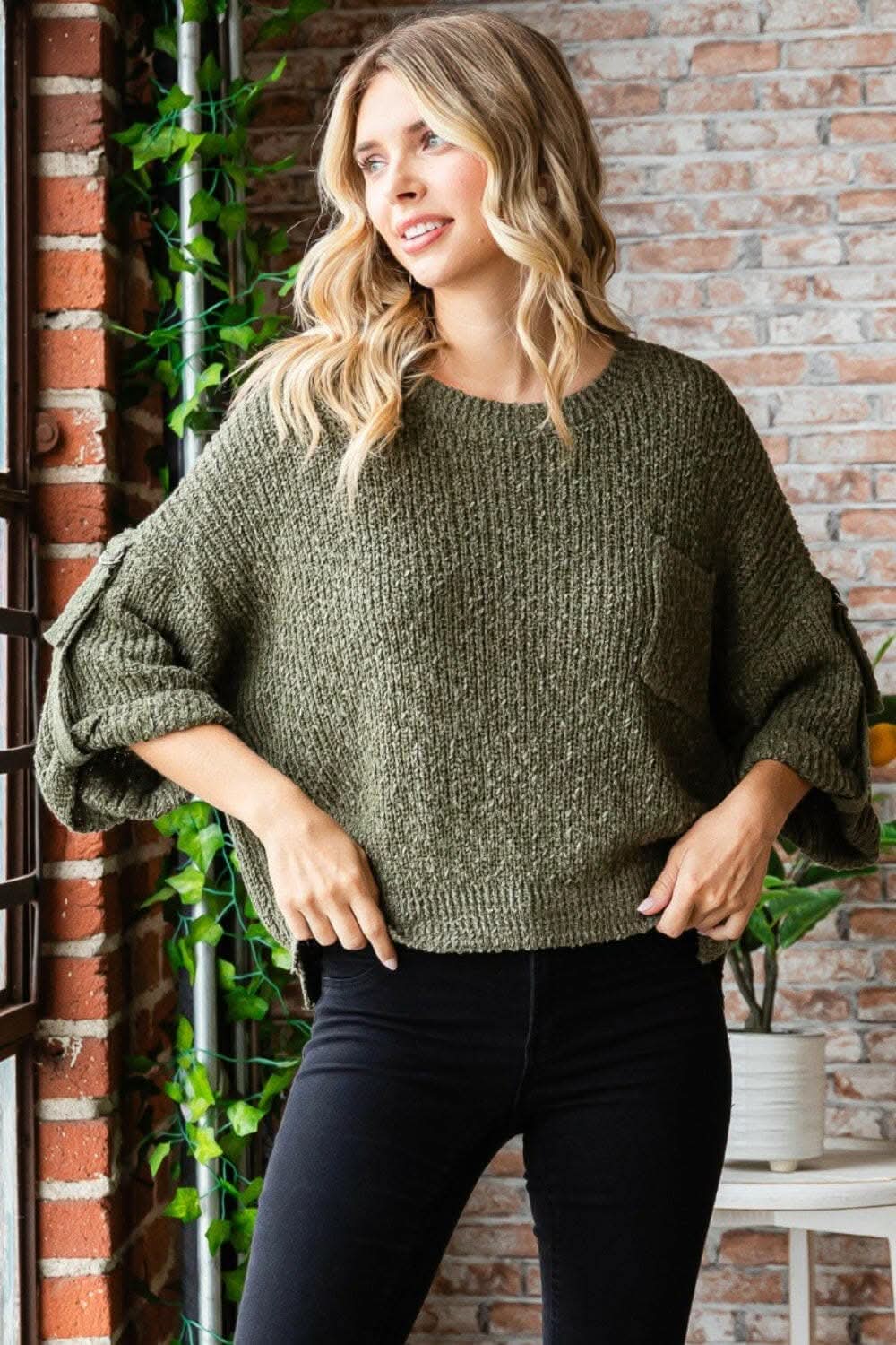 Veveret Round Neck Roll-Up Sweater - Love Salve 