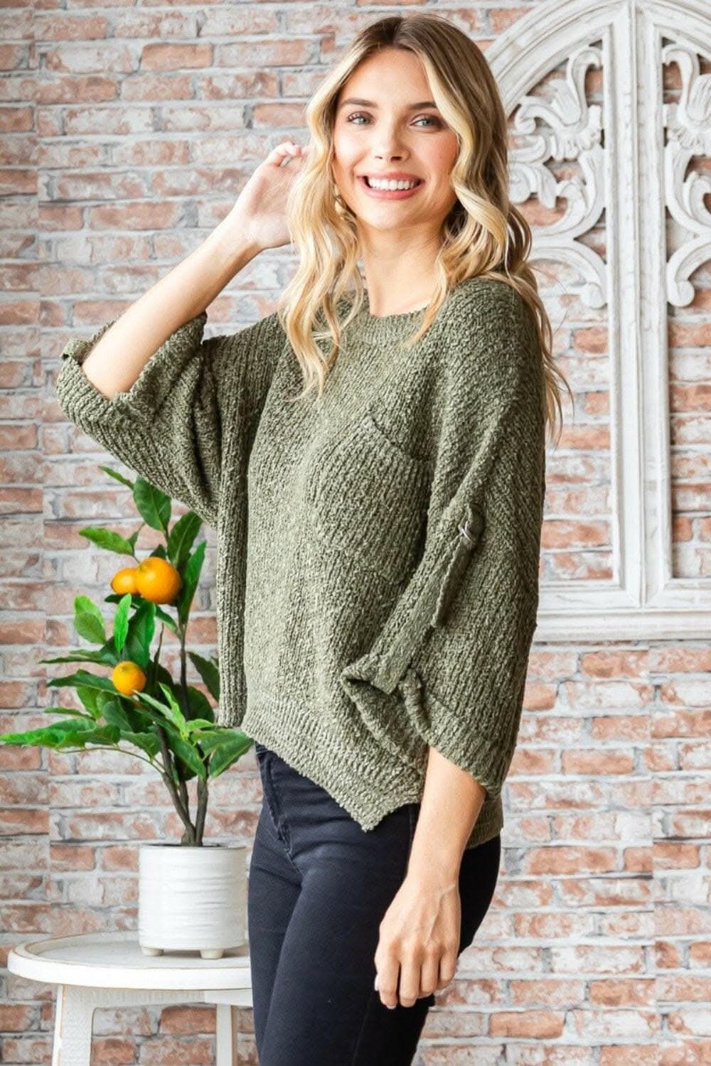 Veveret Round Neck Roll-Up Sweater - Love Salve 