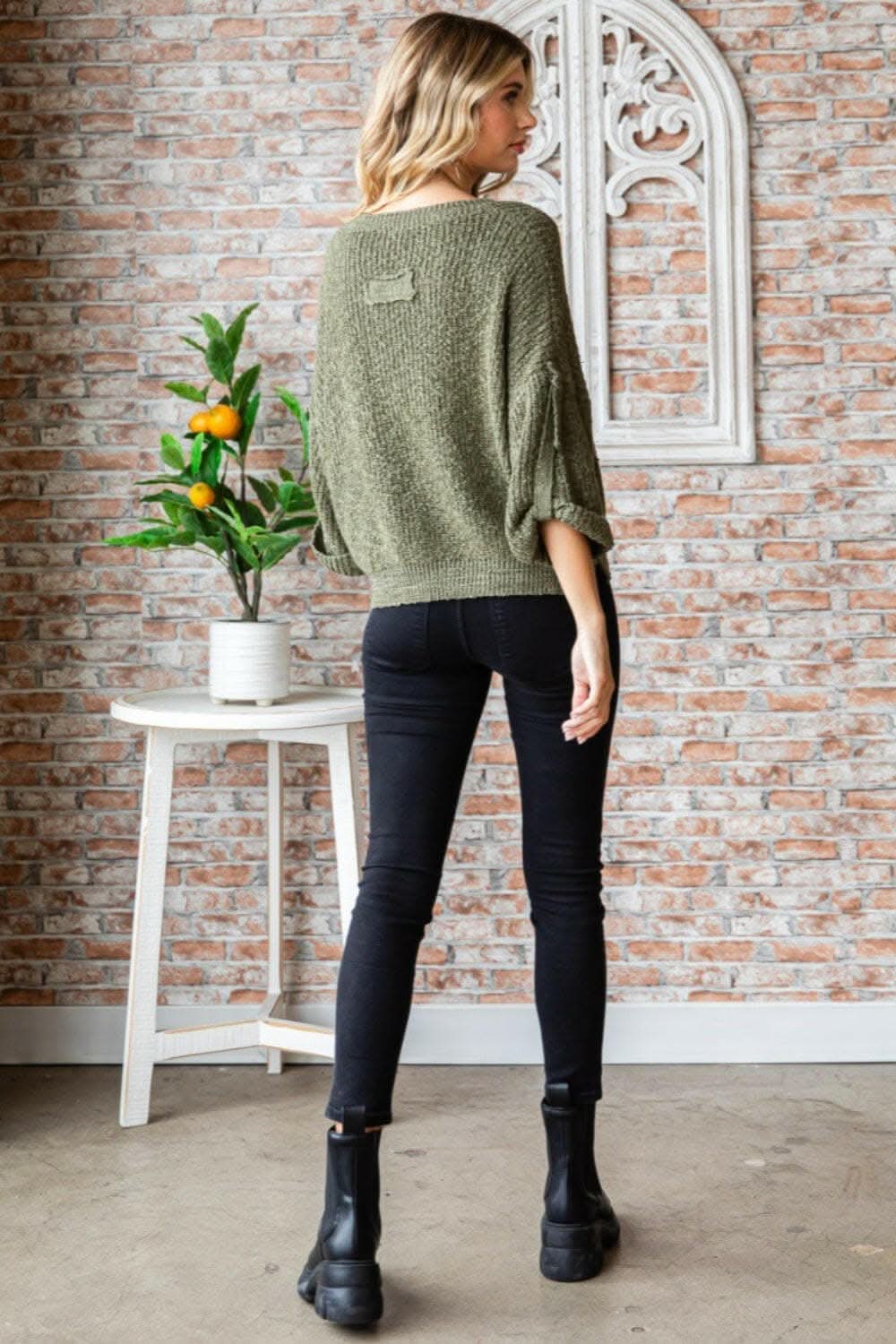 Veveret Round Neck Roll-Up Sweater - Love Salve 