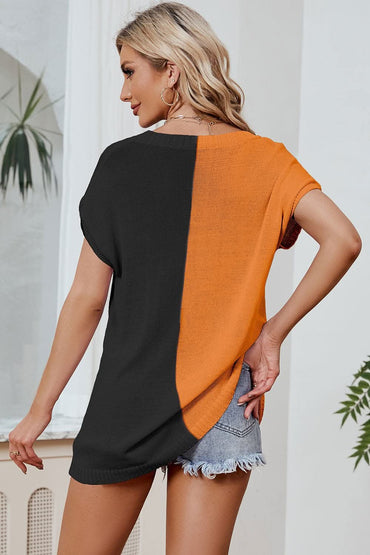Vibrant v-neck color block tee in orange and black, stylish and comfortable, available in various sizes.